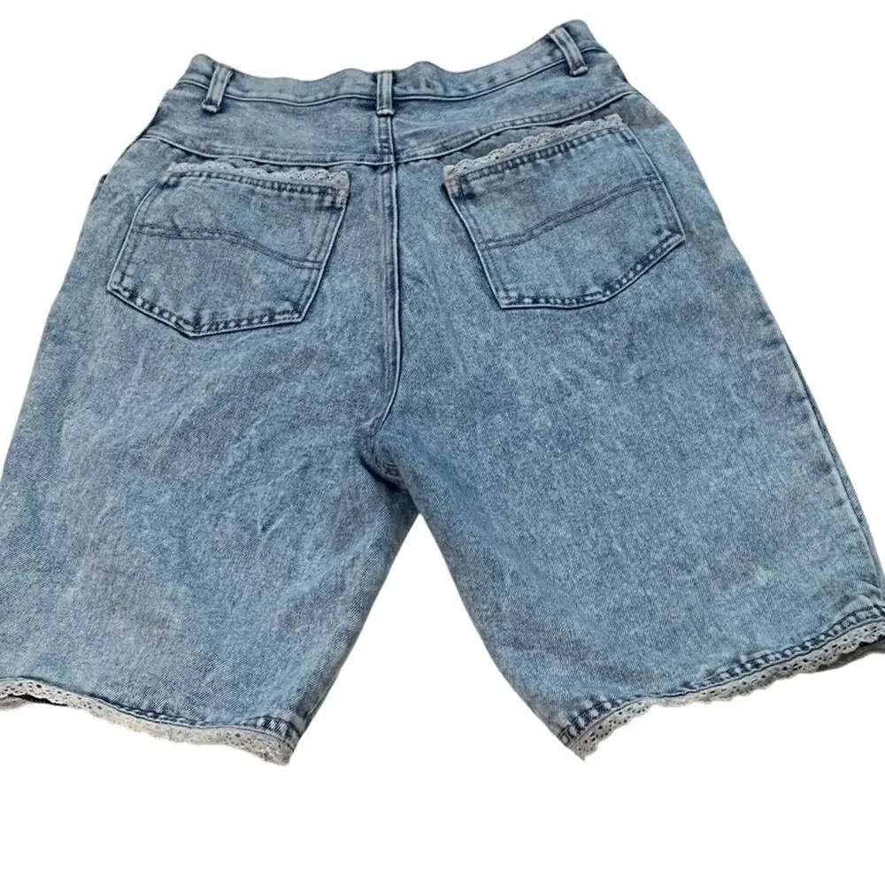 Vintage 80s Amilano Acid Wash High Waisted Denim 9” Shorts Eyelet Lace Sz 11/12